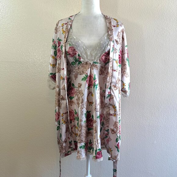 Circa 2000s Vtg Beige Floral Night gown Matching Robe Set Women's L - Picture 6 of 8